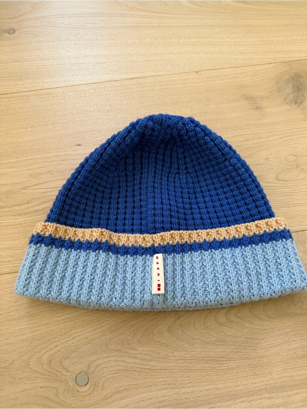 Marni X Uniqlo Knit Wool Beanie Hat in Navy, Light Blue & Tan